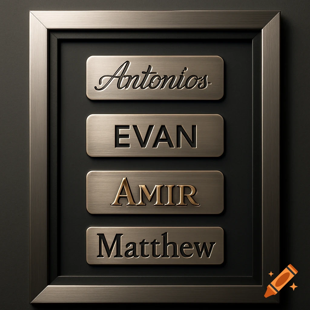A framed display featuring four metallic nameplates with the names Antonios, EVAN, Amir, and Matthew.