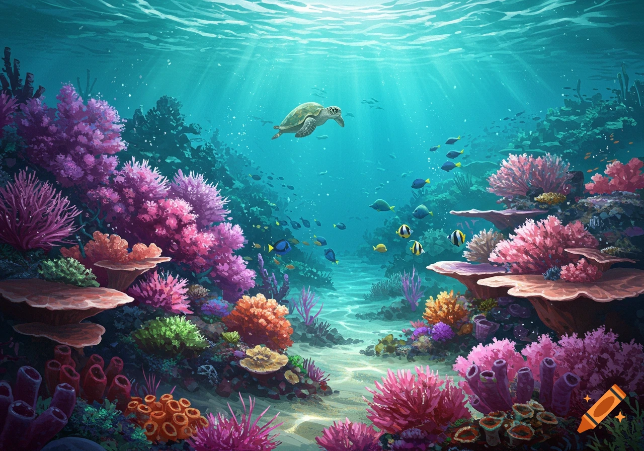 A vibrant underwater scene with a sea turtle swimming over a colorful coral reef, surrounded by schools of fish and sunbeams.