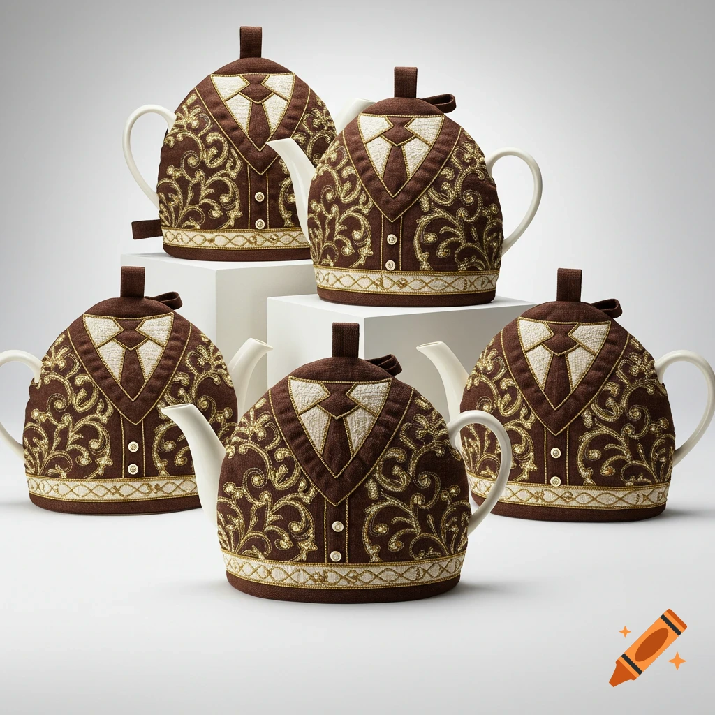 Five teapots with elegant brown tea cozies featuring gold and cream embroidery, resembling suits, displayed on white pedestals.