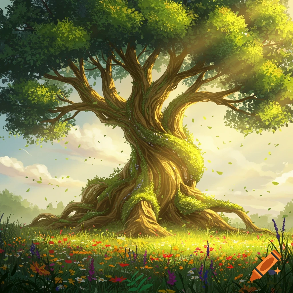 A vibrant, stylized tree with glowing green leaves and roots covered in moss stands in a sunlit field of colorful wildflowers under a bright sky.