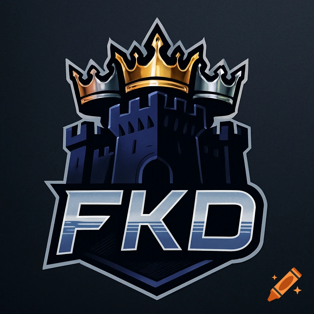 A stylized eSports logo featuring a dark blue castle, three crowns (one gold, two silver), and metallic blue letters FKD.