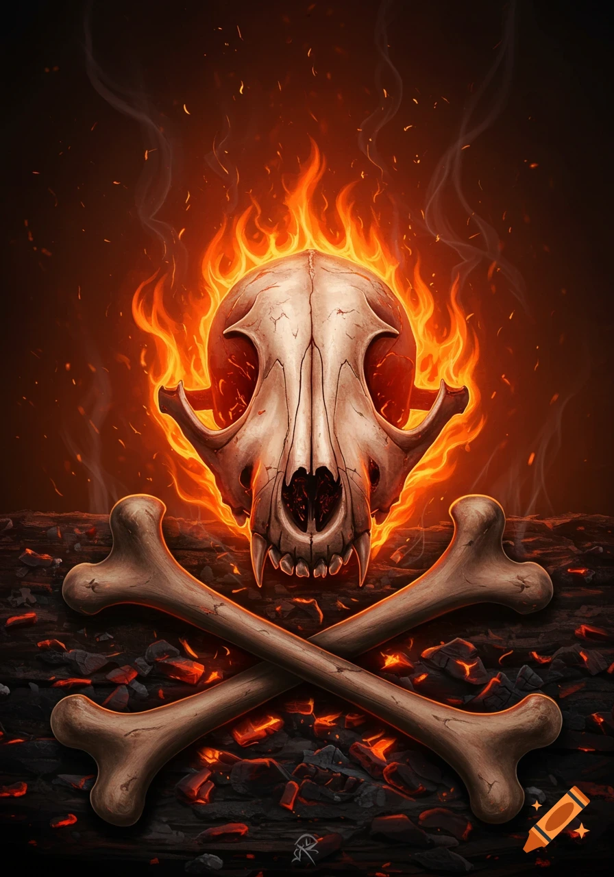 A stylized fox skull surrounded by vibrant orange flames, sitting atop two crossed bones and burning embers.