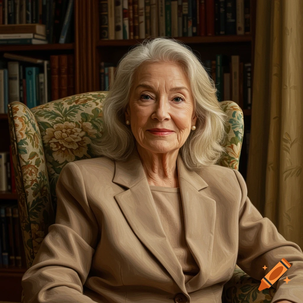 An elderly woman with white hair sits in a floral armchair in a library, looking directly at the viewer. Photorealistic.