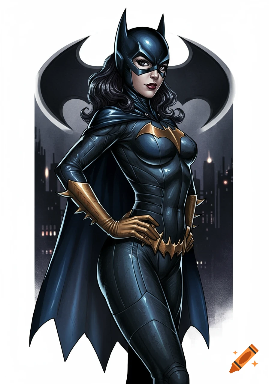 Batgirl in a dark blue and gold suit with a cape, standing in front of a city skyline with the Bat-Symbol, comic art style.