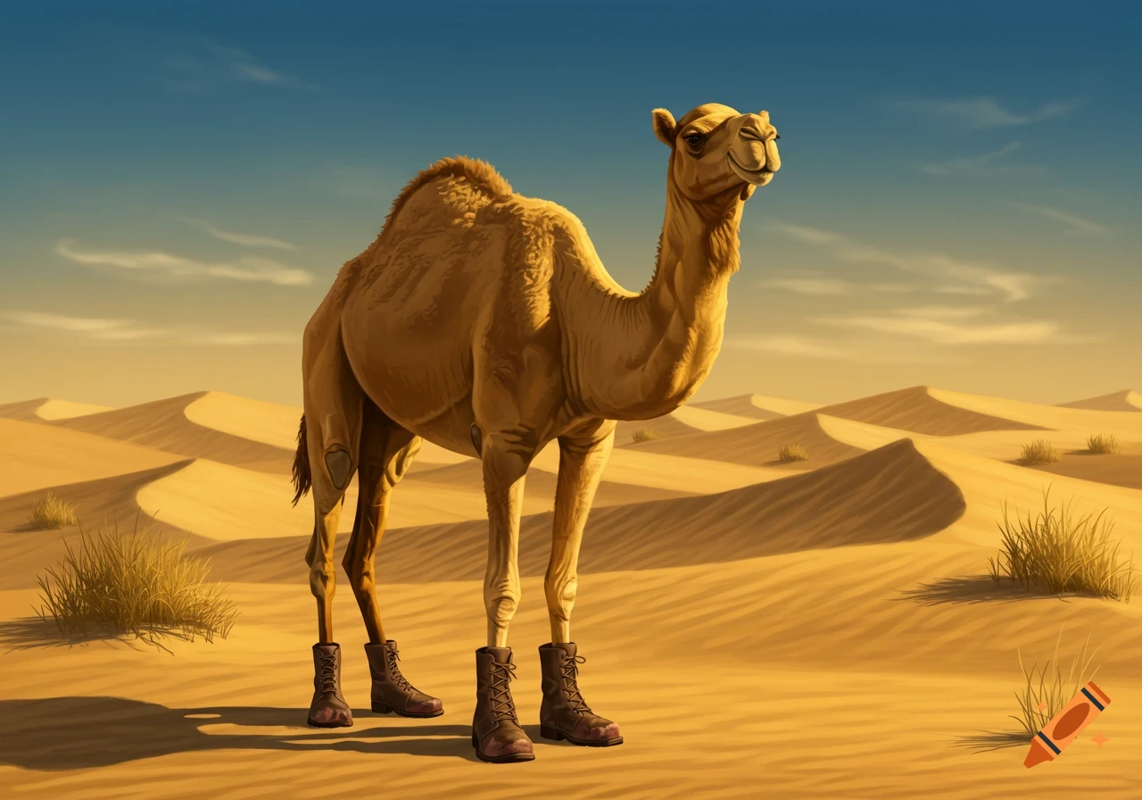 A camel wearing brown boots stands in a vast, sunny desert with sand dunes under a blue sky.