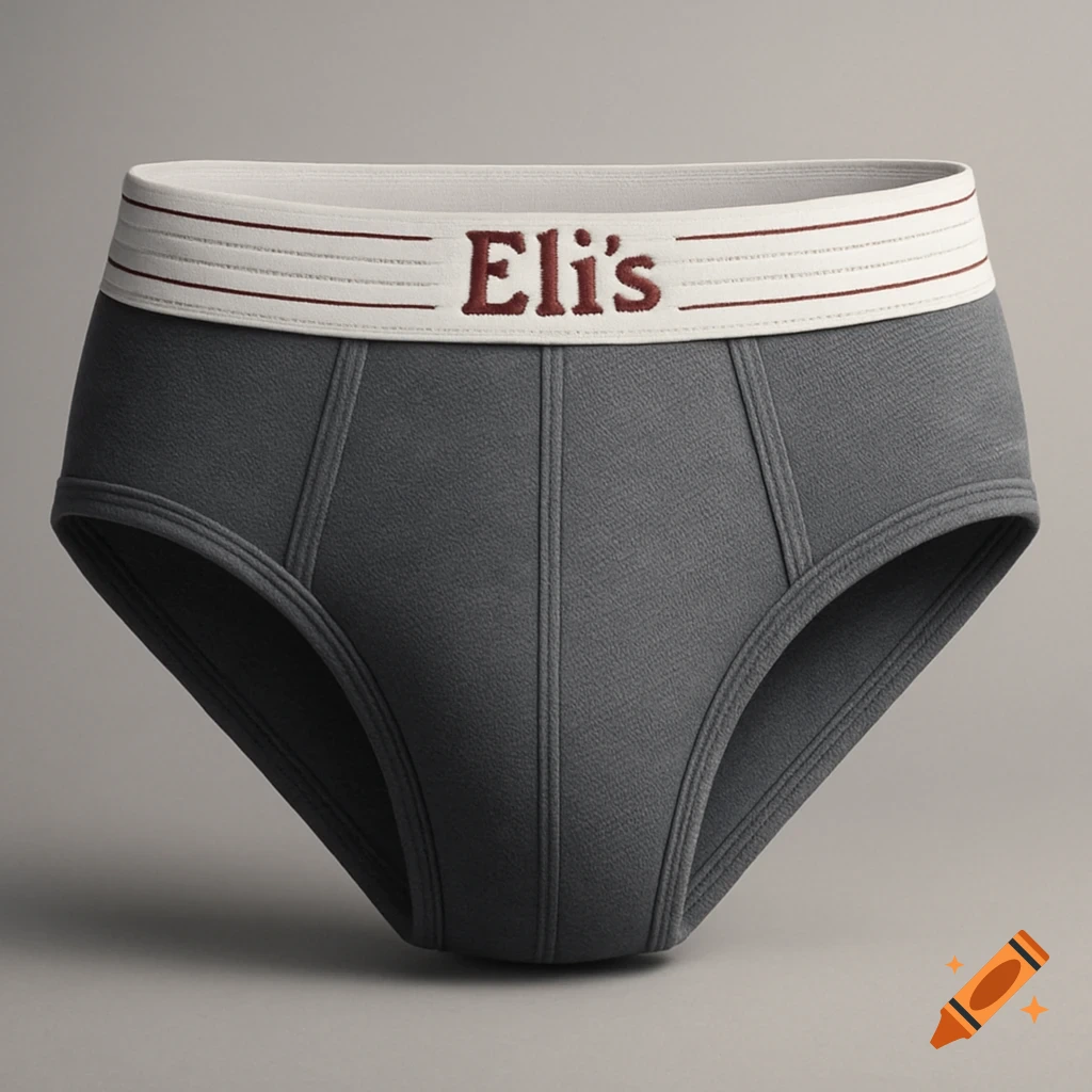 A pair of grey men's briefs with a white waistband featuring red text 'Eli's' and thin red stripes.