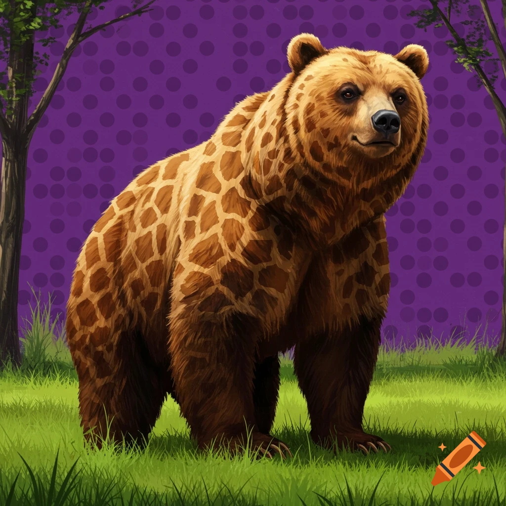 A brown bear with a giraffe pattern stands in green grass, flanked by trees, against a purple polka dot background.