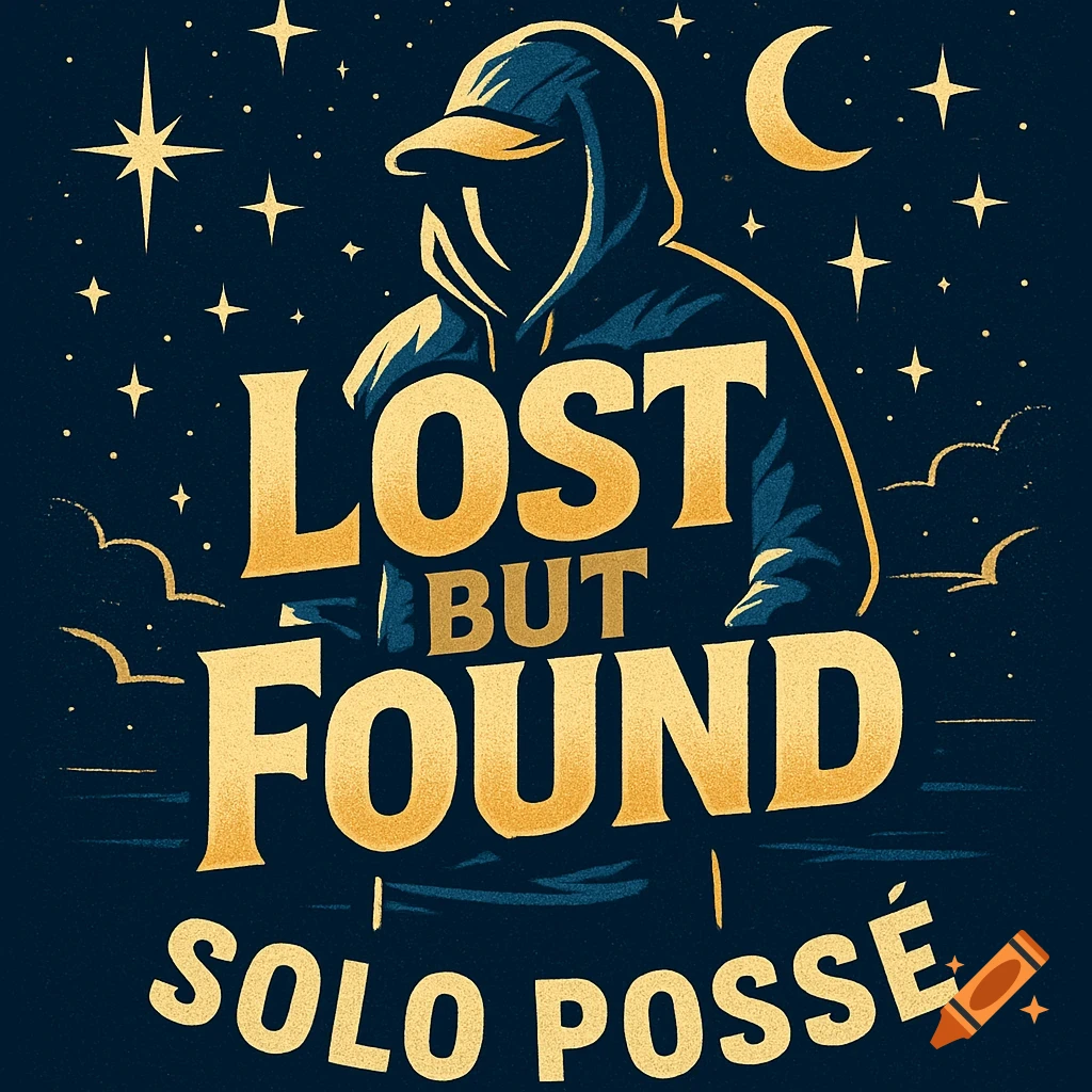 A dark blue illustration features a person in a hoodie under a starry sky with a crescent moon. Bold gold text reads "LOST BUT FOUND" and "SOLO POSS\u00c9" at the bottom.