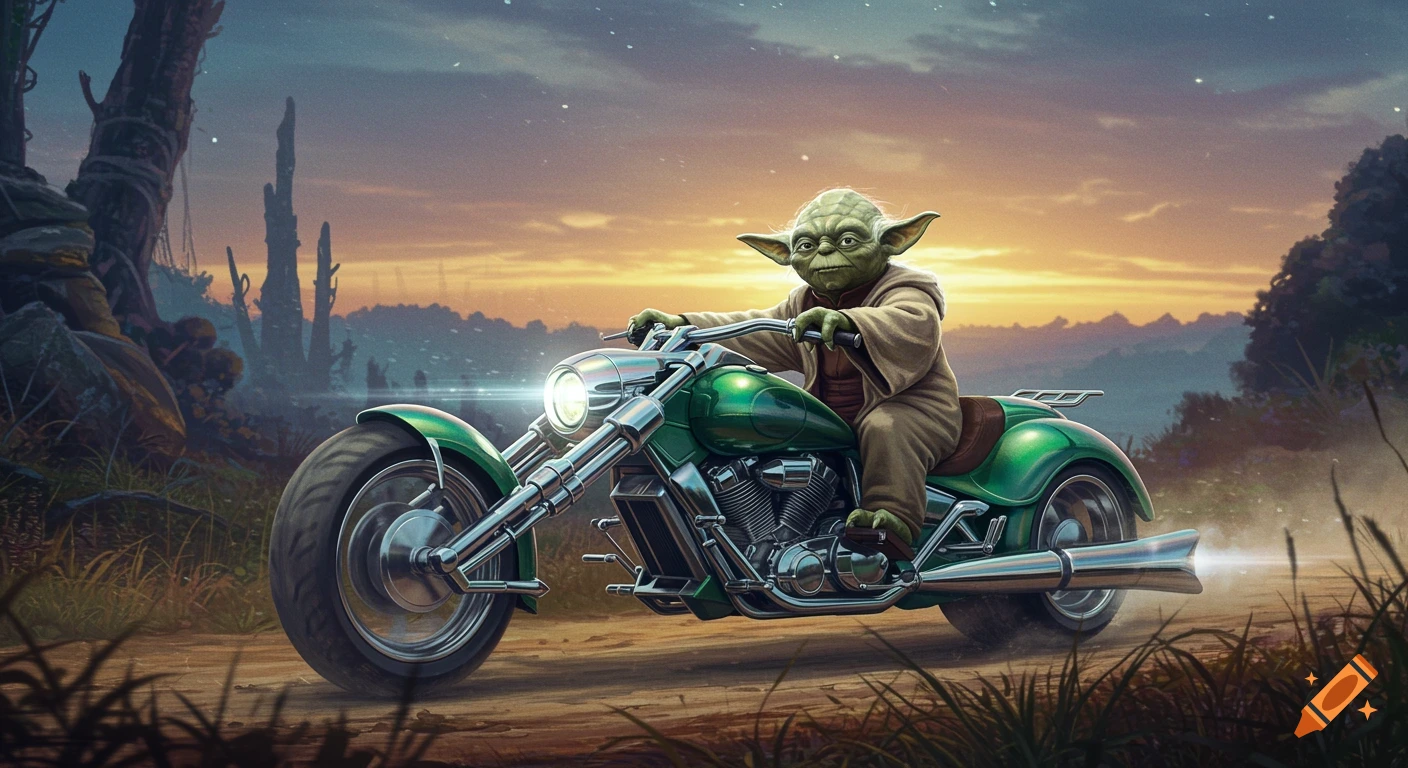 Yoda rides a green motorcycle on a dirt road at sunset in a fantasy landscape.