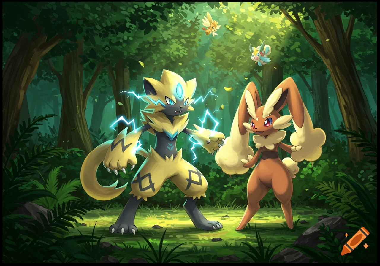 Zeraora and Lopunny Pokémon stand in a vibrant, sunlit forest, with Zeraora crackling with electricity.