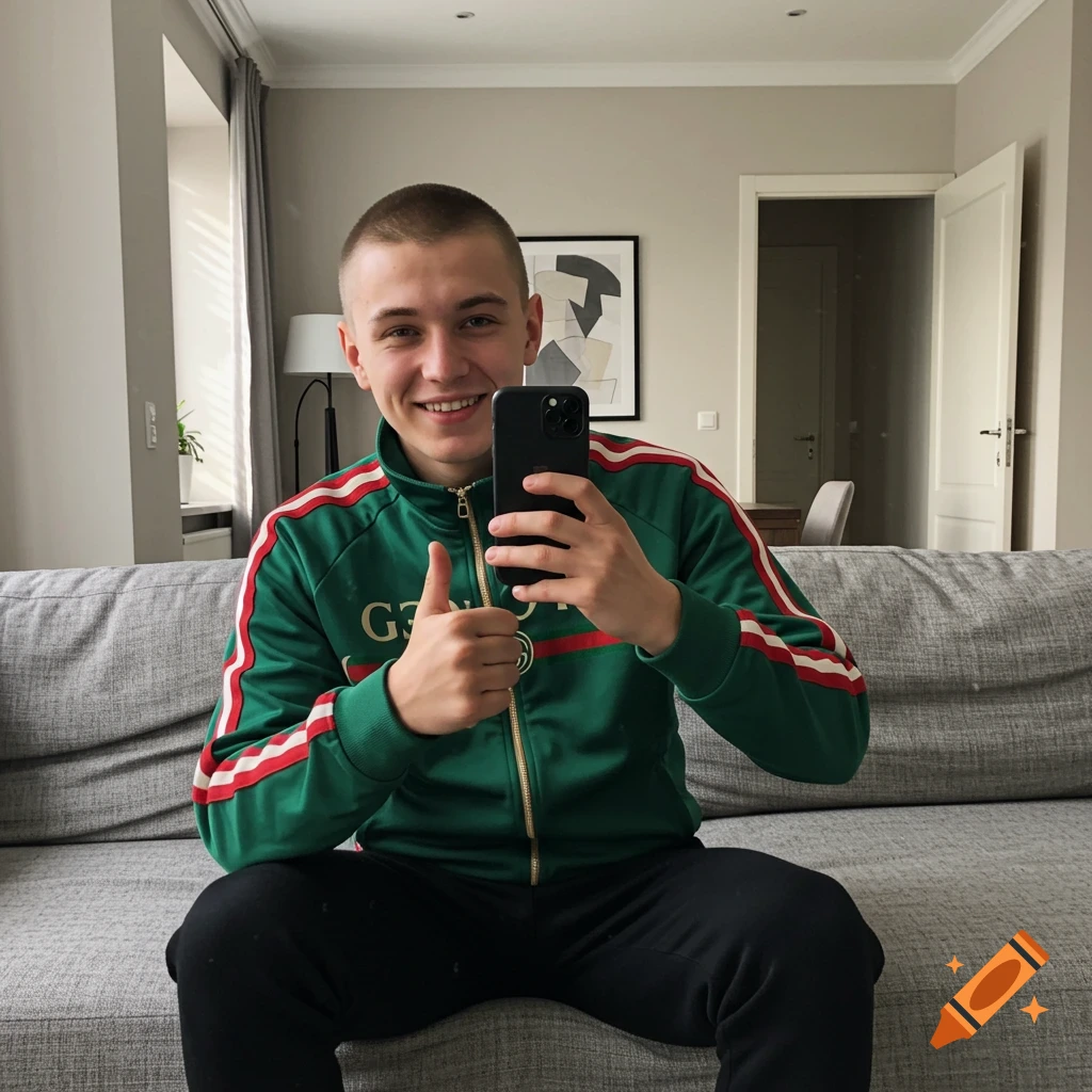 A young man with a buzzcut wears a green tracksuit jacket and black sweatpants while sitting on a gray couch, holding a phone and giving a thumbs up.