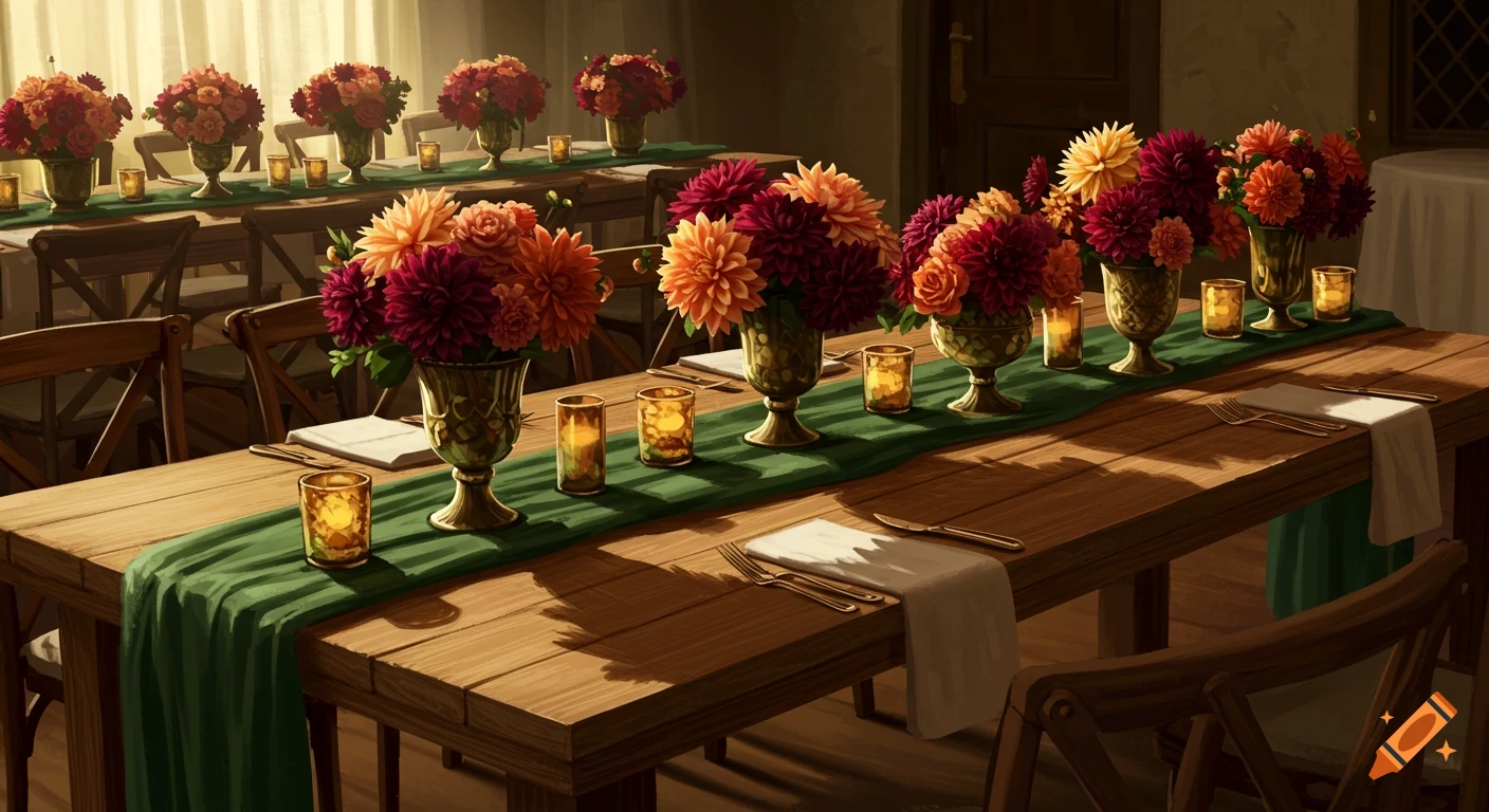 Long wooden wedding tables with green runners, decorated with bright jewel-toned dahlia arrangements in gold goblet vases and lit candles, indoors.