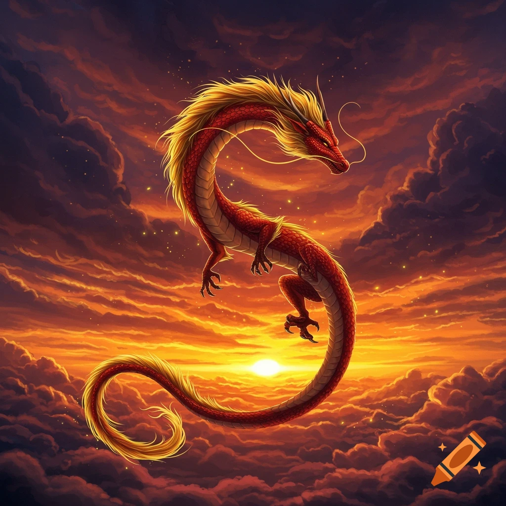 A majestic red and gold dragon with long whiskers and scales flies against a fiery orange and purple sunset sky with clouds.
