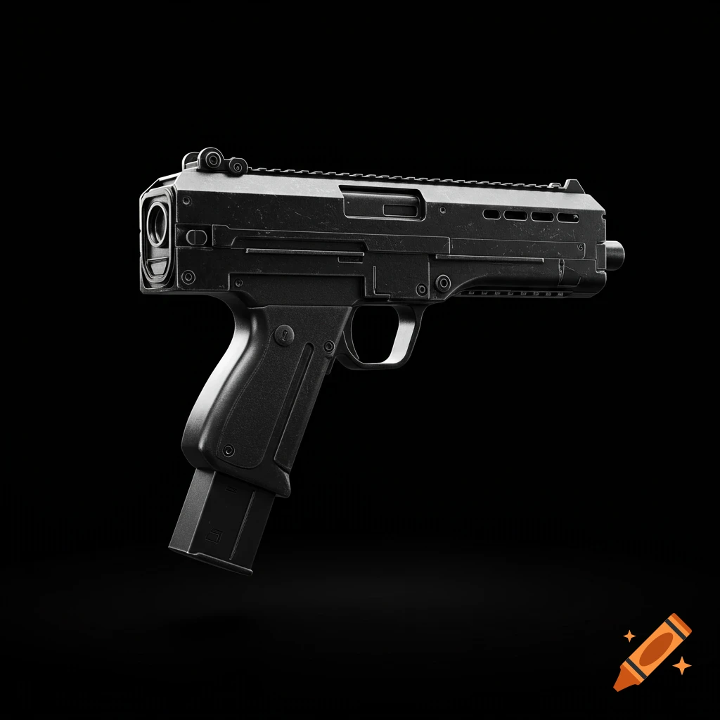 A high-quality studio shot of a jet black submachine gun with a long magazine against a black background.