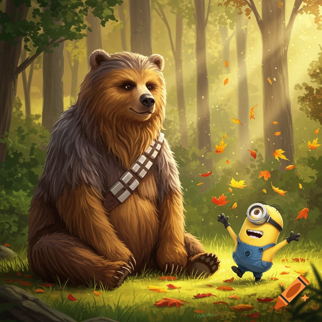A Chewbacca-like bear sits in a sunlit forest clearing as a Minion happily dances among falling autumn leaves.