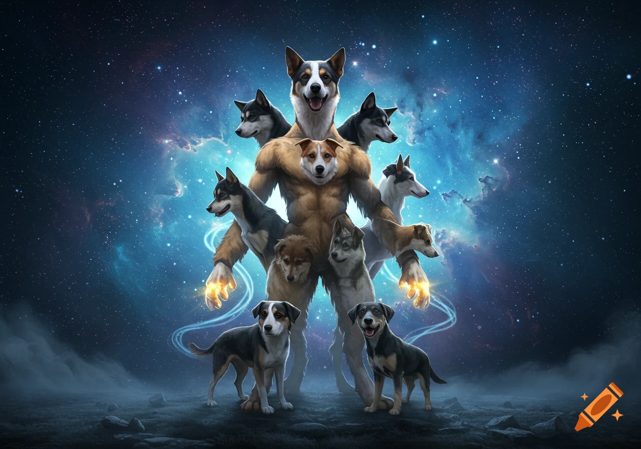 A powerful humanoid figure made of multiple dogs stands in a cosmic landscape under a starry sky, with two smaller dogs at its feet.