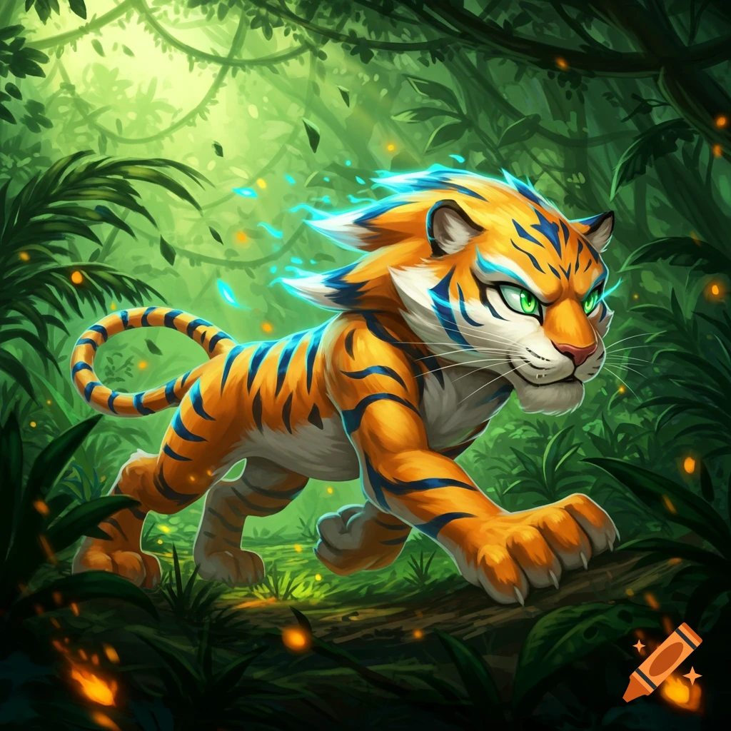 A stylized orange and blue tiger with glowing green eyes runs through a lush green jungle.