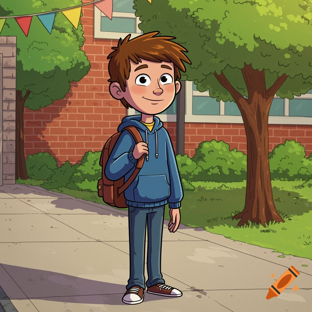 A cartoon boy with brown hair, wearing a blue hoodie and backpack, smiling on a sidewalk in front of a brick building and trees.