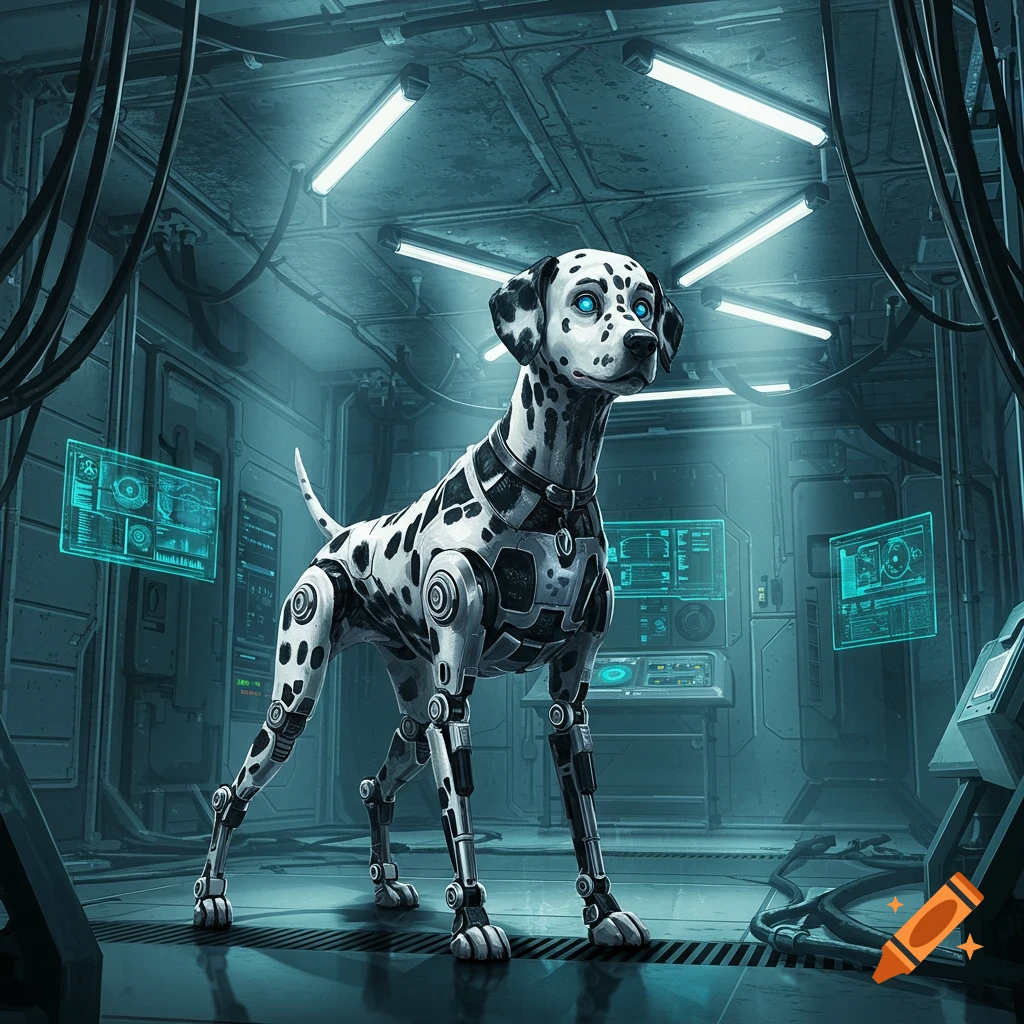 A sleek, white and black robotic Dalmatian with glowing blue eyes stands in a futuristic, dimly lit laboratory with glowing screens.