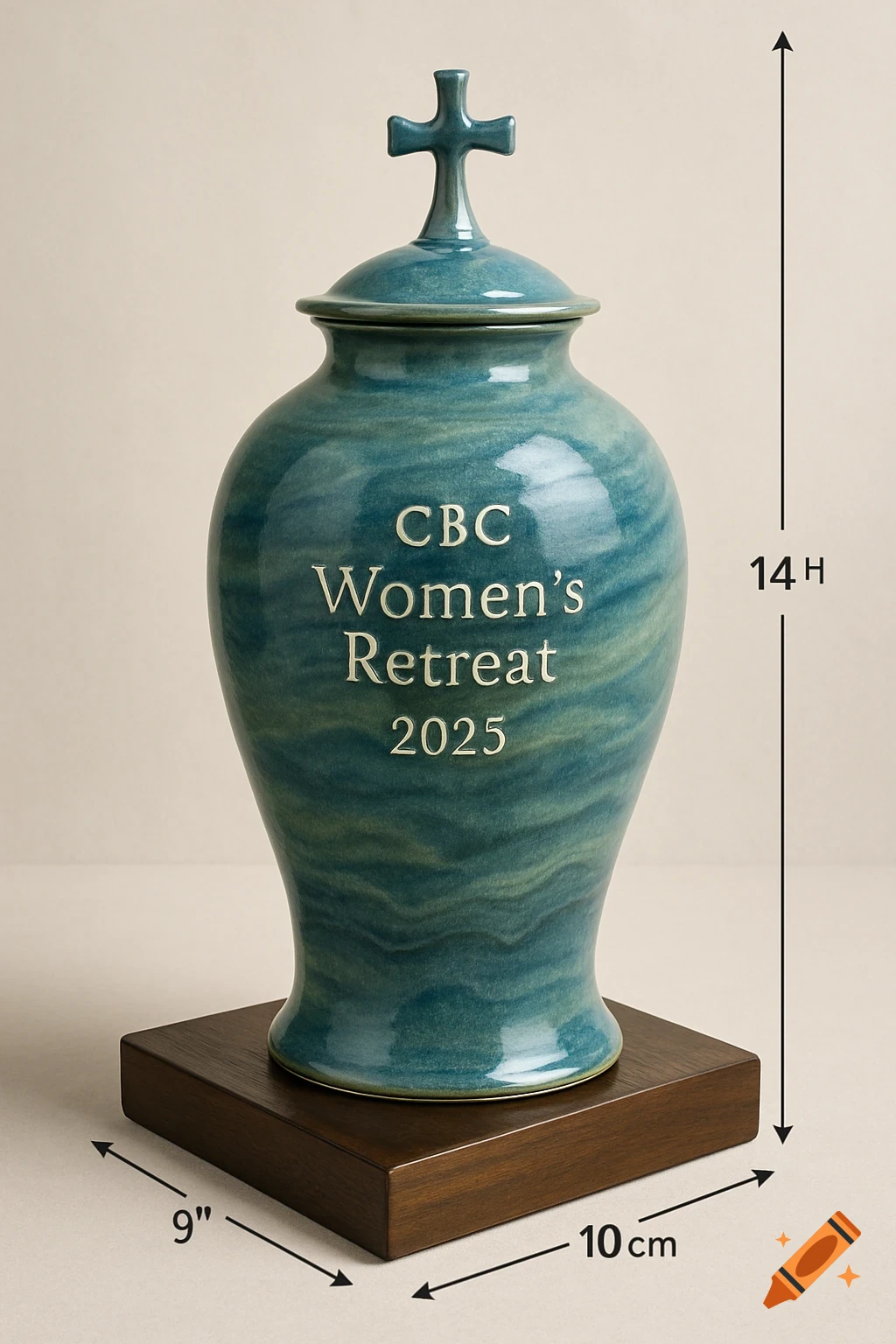 A teal and green swirled ceramic vase with a cross on the lid and 'CBC Women's Retreat 2025' text. It rests on a wooden base with dimensions 9", 10cm, 14H.