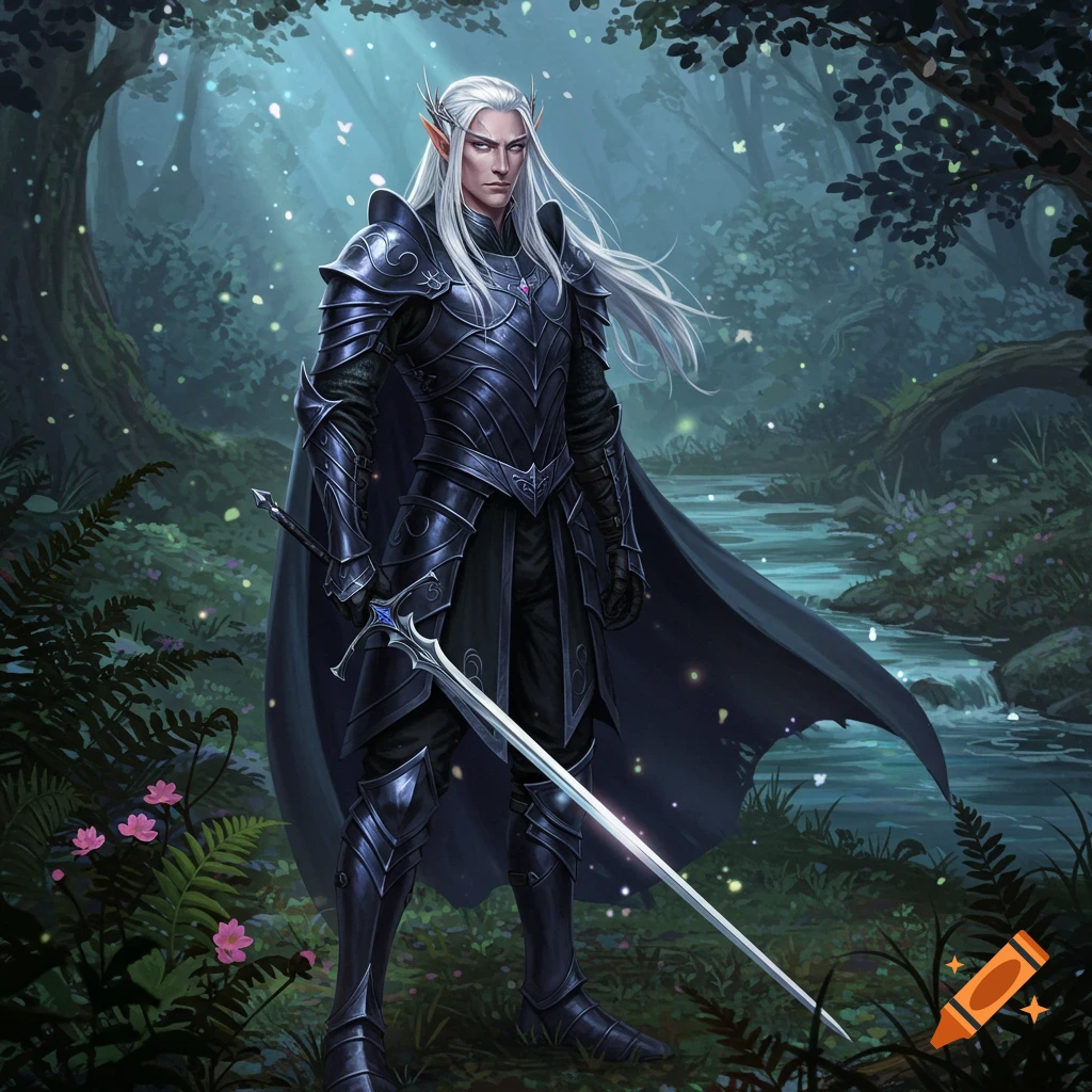 A male elf warrior with long white hair and dark armor stands in a mystical forest with a sword.