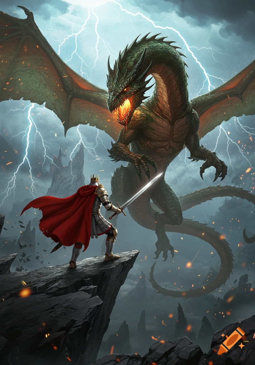 A knight in armor with a red cape battles a large green dragon on a stormy cliff with lightning.
