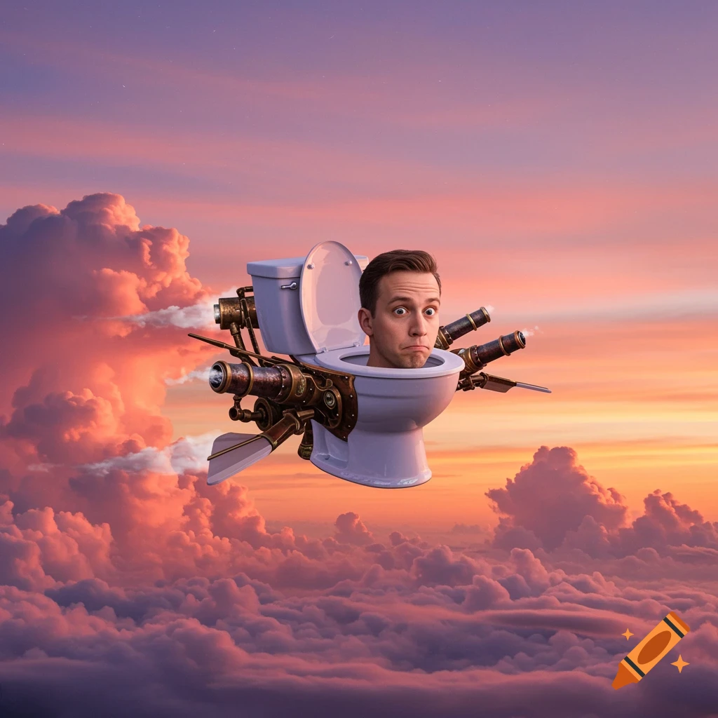 A man's head in a flying toilet with steampunk cannons, soaring through a colorful sunset sky filled with clouds.