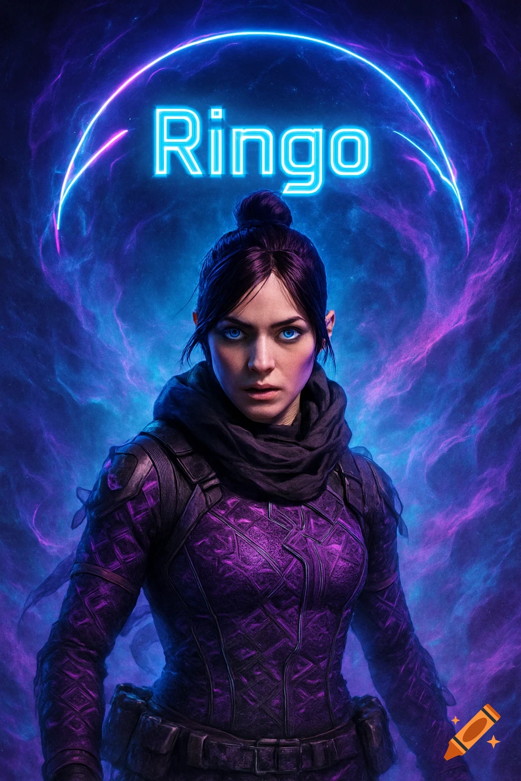 A sci-fi portrait of Wraith from Apex Legends with glowing blue eyes and purple armor, with the name 'Ringo' in neon blue above.
