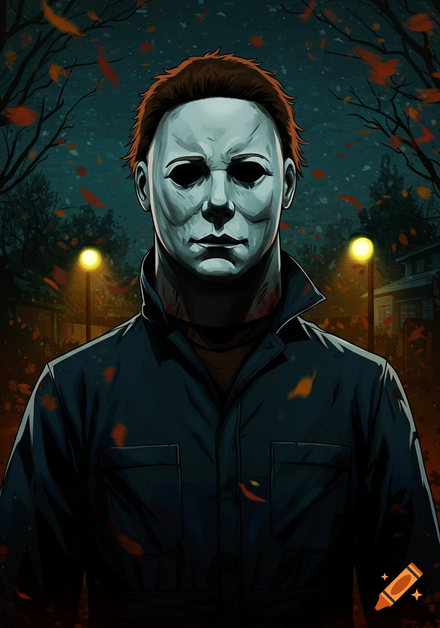Stylized illustration of Michael Myers in a dark, leaf-strewn suburban street at night, illuminated by streetlights.