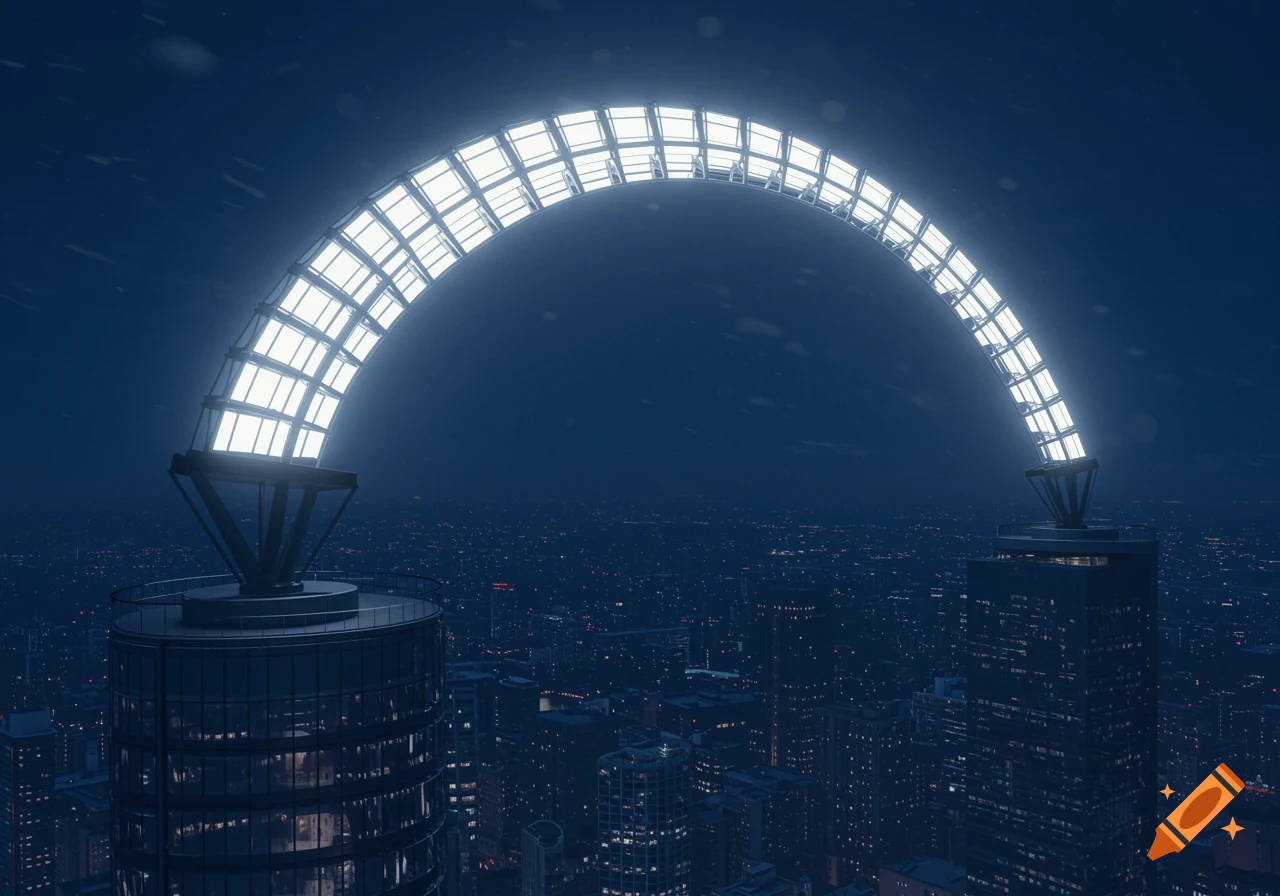 A huge illuminated semicircular light structure connects the tops of two skyscrapers in a dark, sprawling cityscape at night.