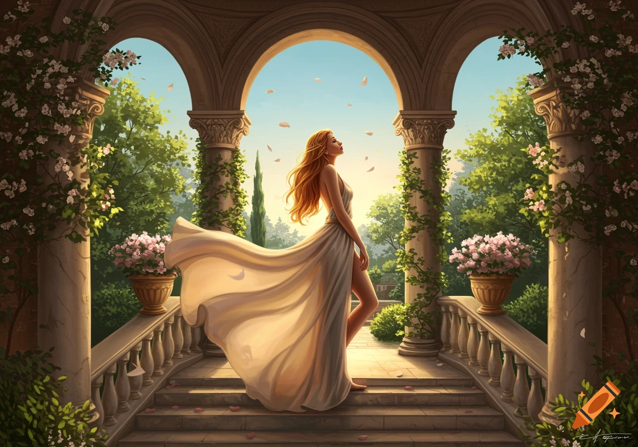 A woman with long red hair in a flowing white dress stands on stone steps under arches in a lush garden, with petals falling around her.