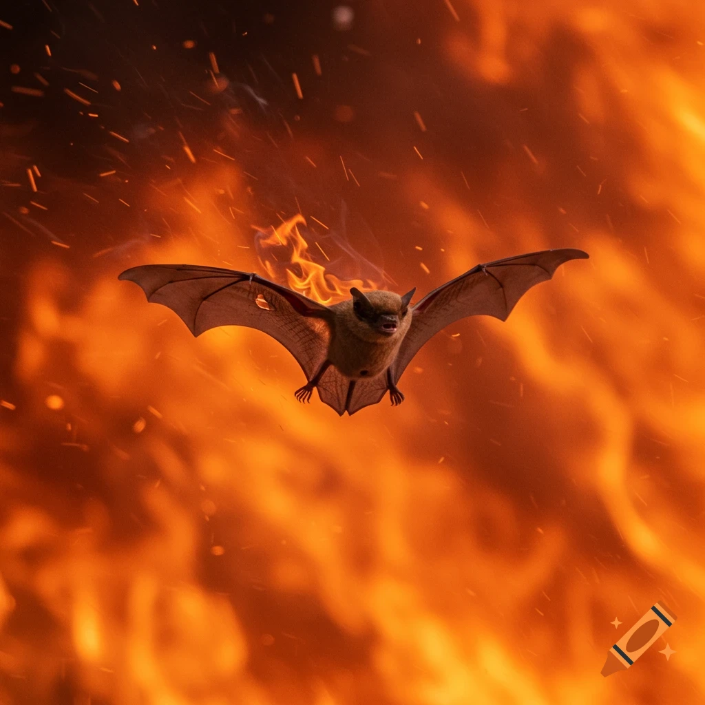 Photorealistic image of a brown bat with outspread wings flying through a massive inferno with sparks and smoke.