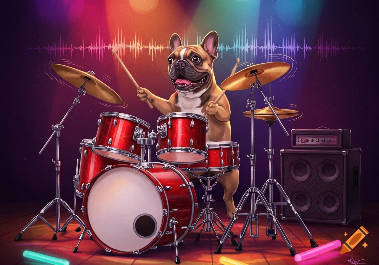 A vibrant illustration of a French bulldog playing a red drum kit on a stage with colorful spotlights and sound wave graphics.