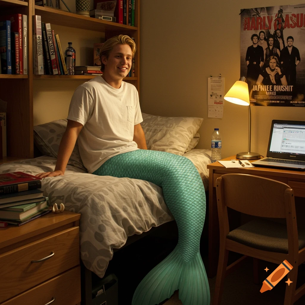 A smiling blonde merman in a white t-shirt sits on a bed in a college dorm room, lit by a desk lamp.