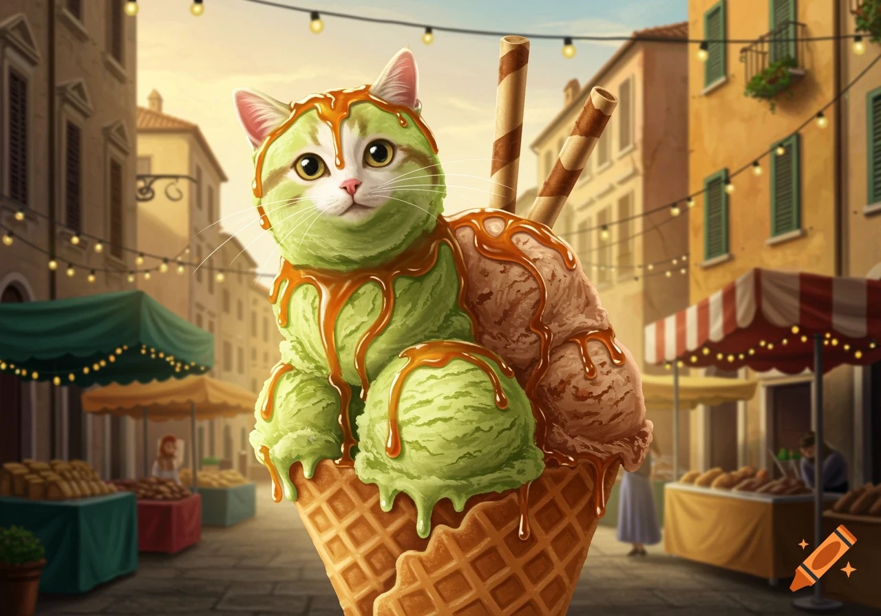 Whimsical illustration of a green ice cream cat with caramel drizzle in a waffle cone, surrounded by an Italian market scene at sunset.