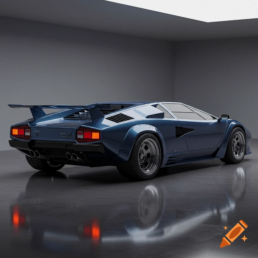 A blue Lamborghini Countach sports car, seen from the rear, parked in a minimalist garage with reflections on the polished floor.