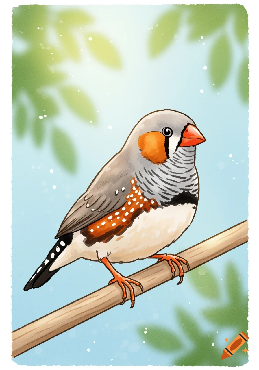 A cartoon zebra finch with gray, orange, black, and white markings perches on a branch with a blue and green background.