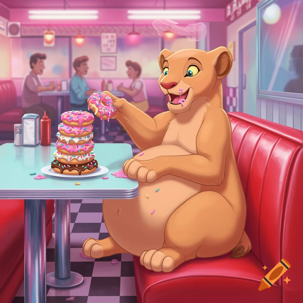A cartoon lioness with a large belly sits in a diner booth, happily eating a stack of donuts.