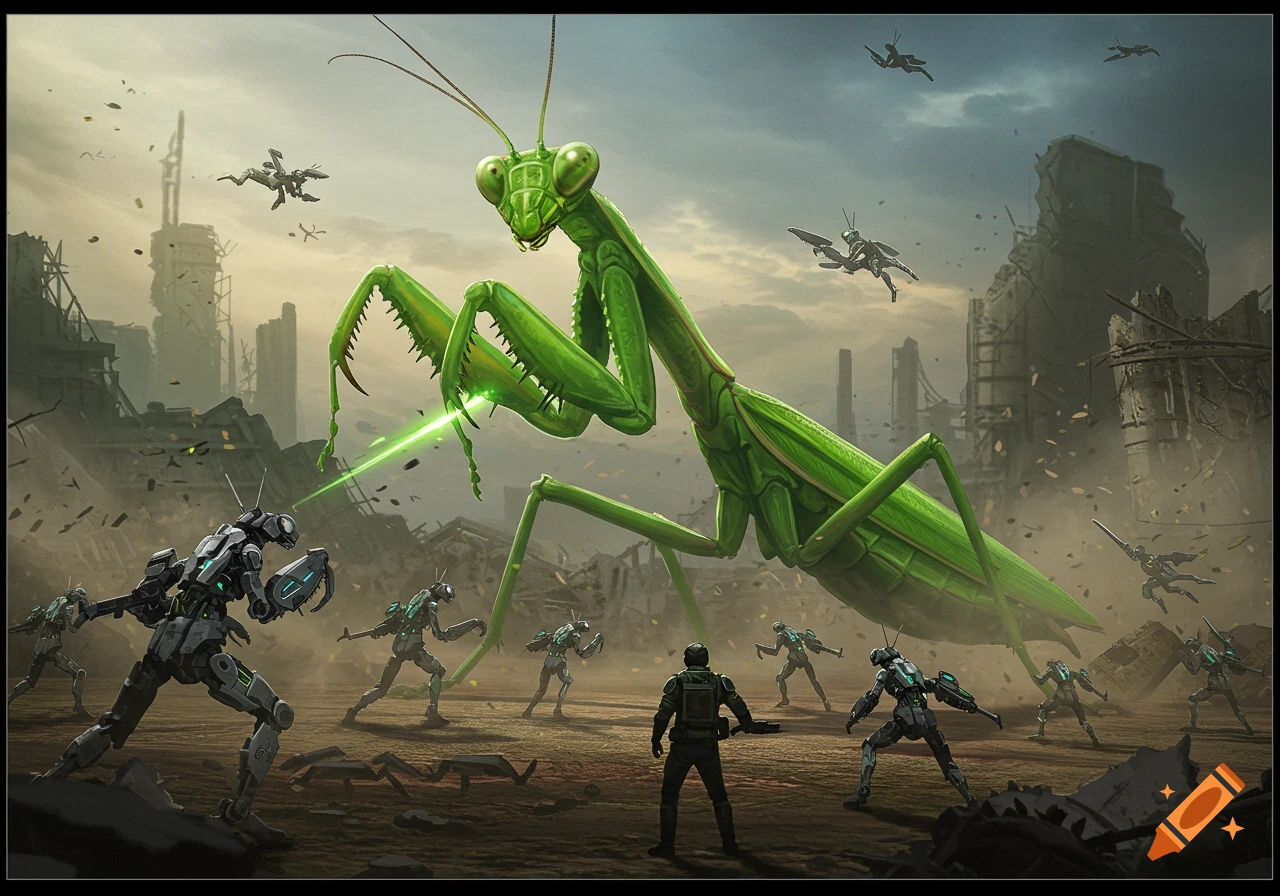 A giant green praying mantis battles smaller grey mecha mantises and a human in a destroyed city landscape.