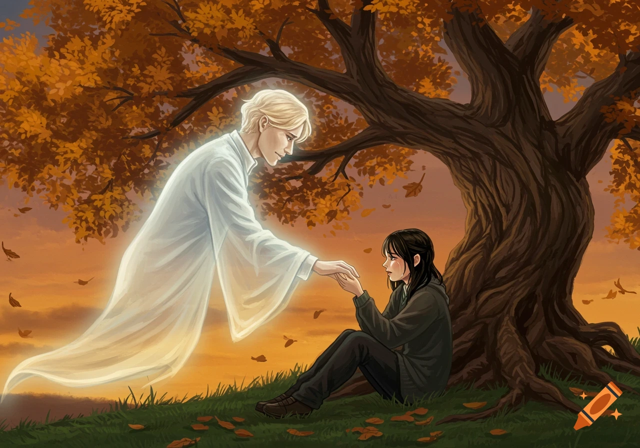 A ghostly blond figure in white reaches out to a dark-haired, crying person sitting under an autumn tree at sunset, in an illustration.