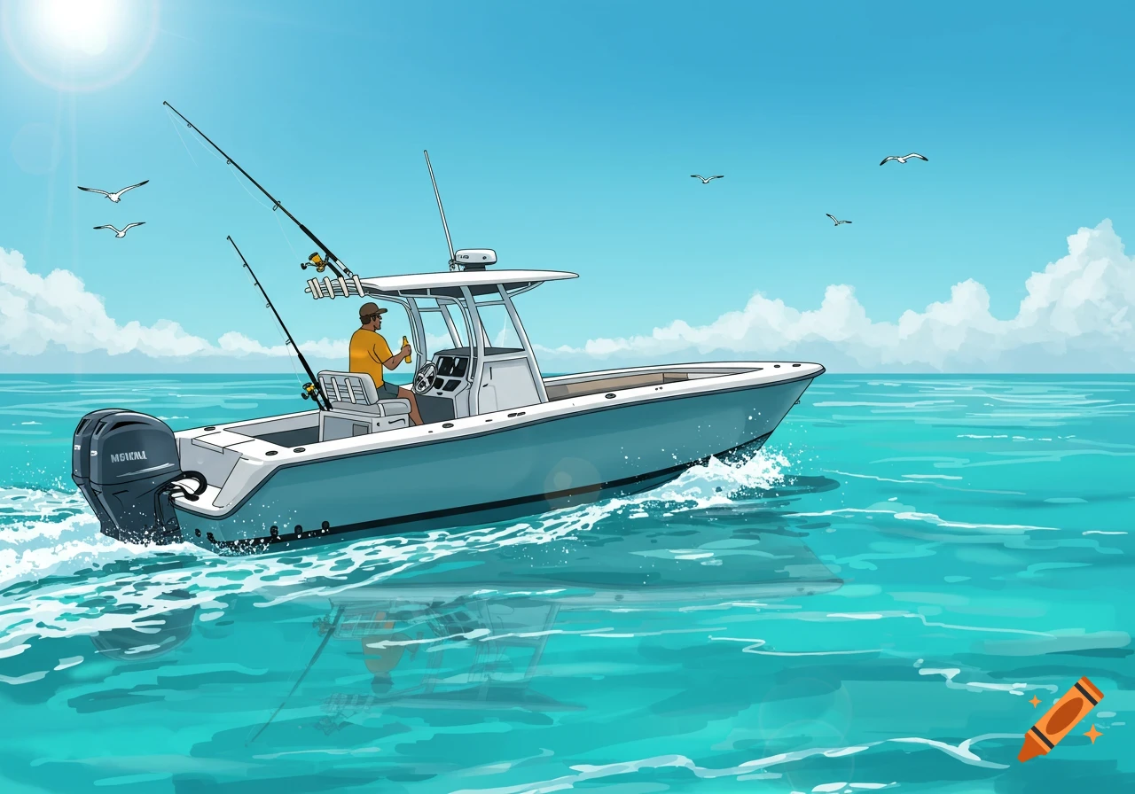 Illustration of a man on a center console boat, drinking a beer and fishing, on bright blue water with gulls flying.