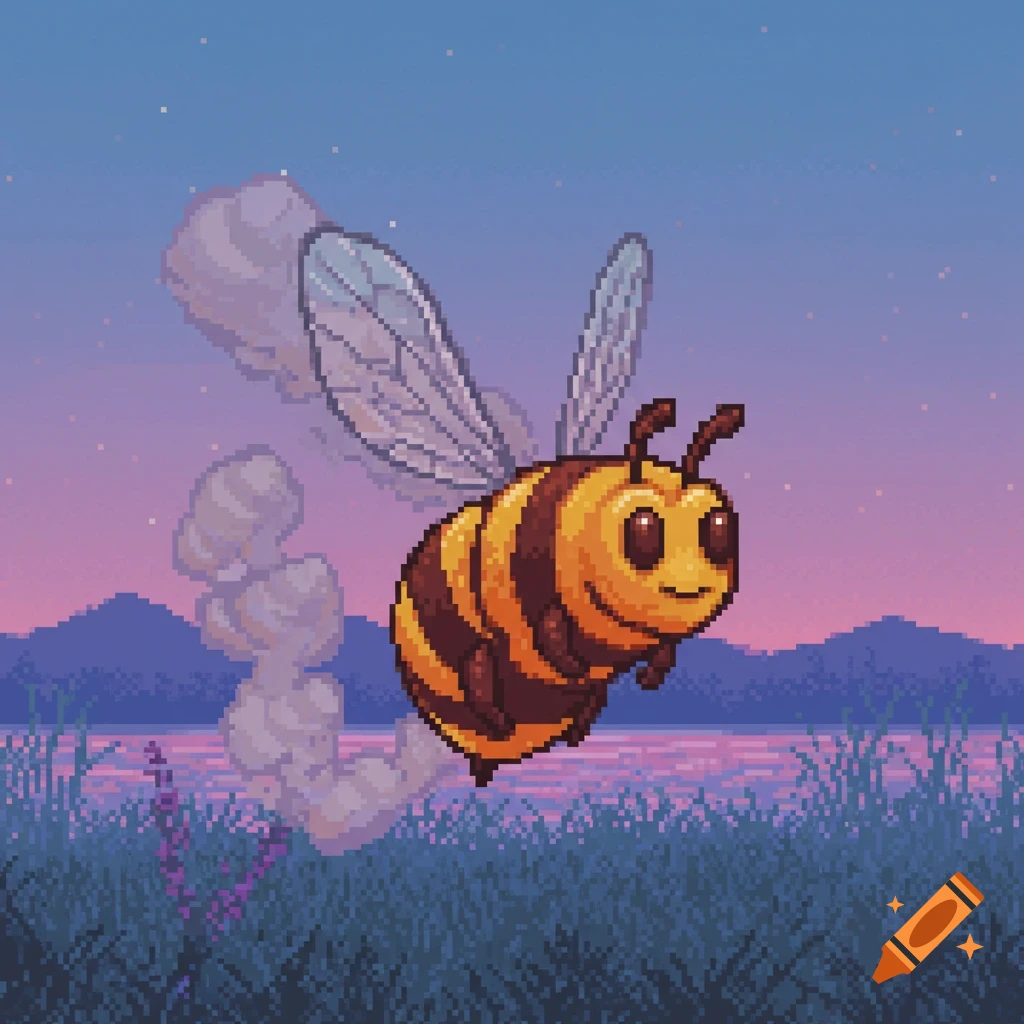 A pixel art bee with a smoky trail flying over a lake with mountains and grass at dusk.