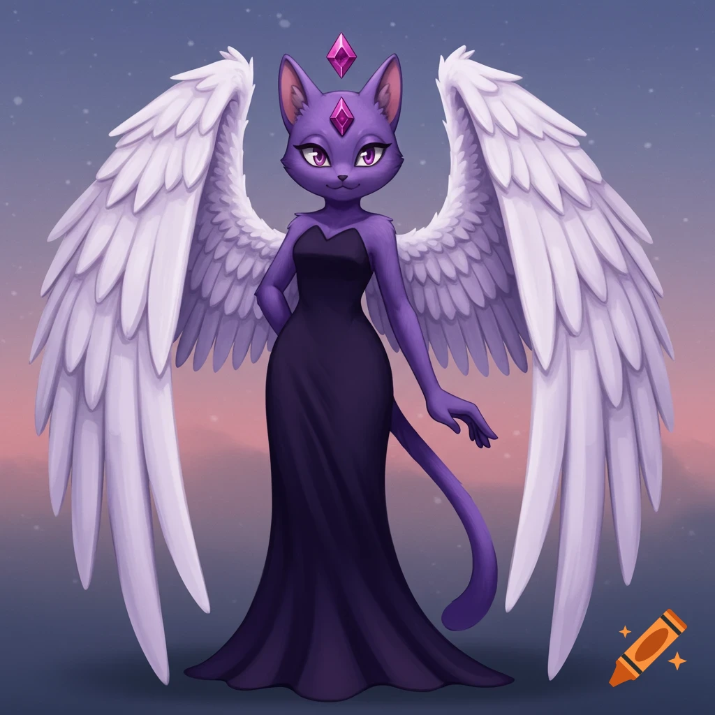 A purple anthropomorphic cat with large white wings and a dark purple gem on its head stands in a black dress.