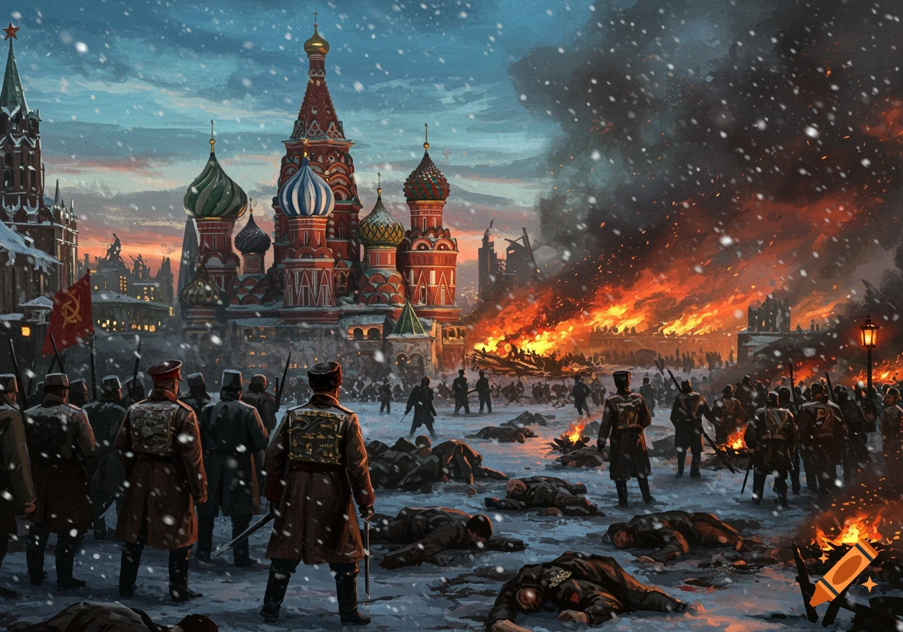 A painting depicting a snowy, war-torn Moscow with soldiers, fallen bodies, and large fires in front of St. Basil's Cathedral at dusk.