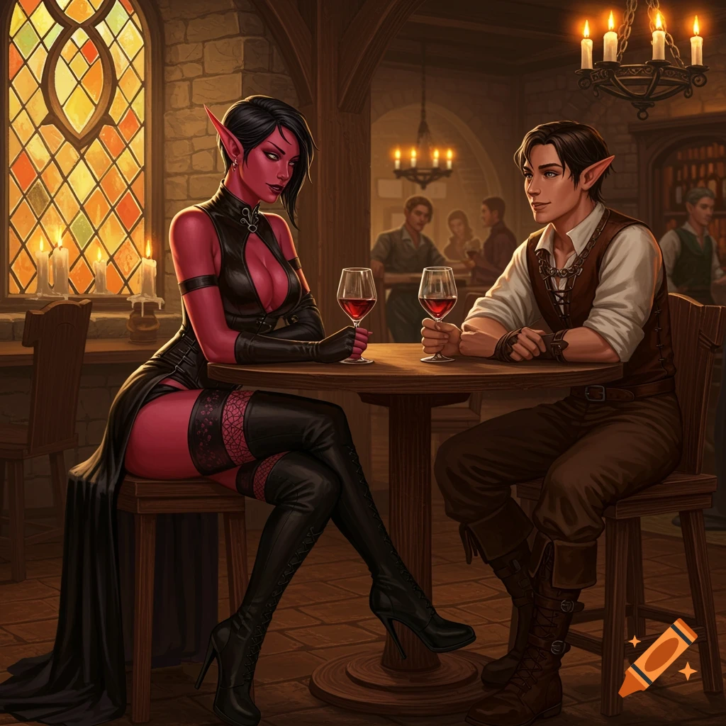 A red-skinned female elf in a black leather outfit and a male elf with pointed ears share wine at a tavern table.