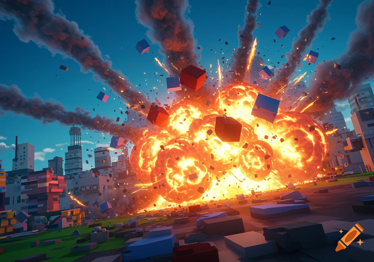 A massive explosion erupts in the middle of a blocky, stylized city, sending debris and smoke into the sky.