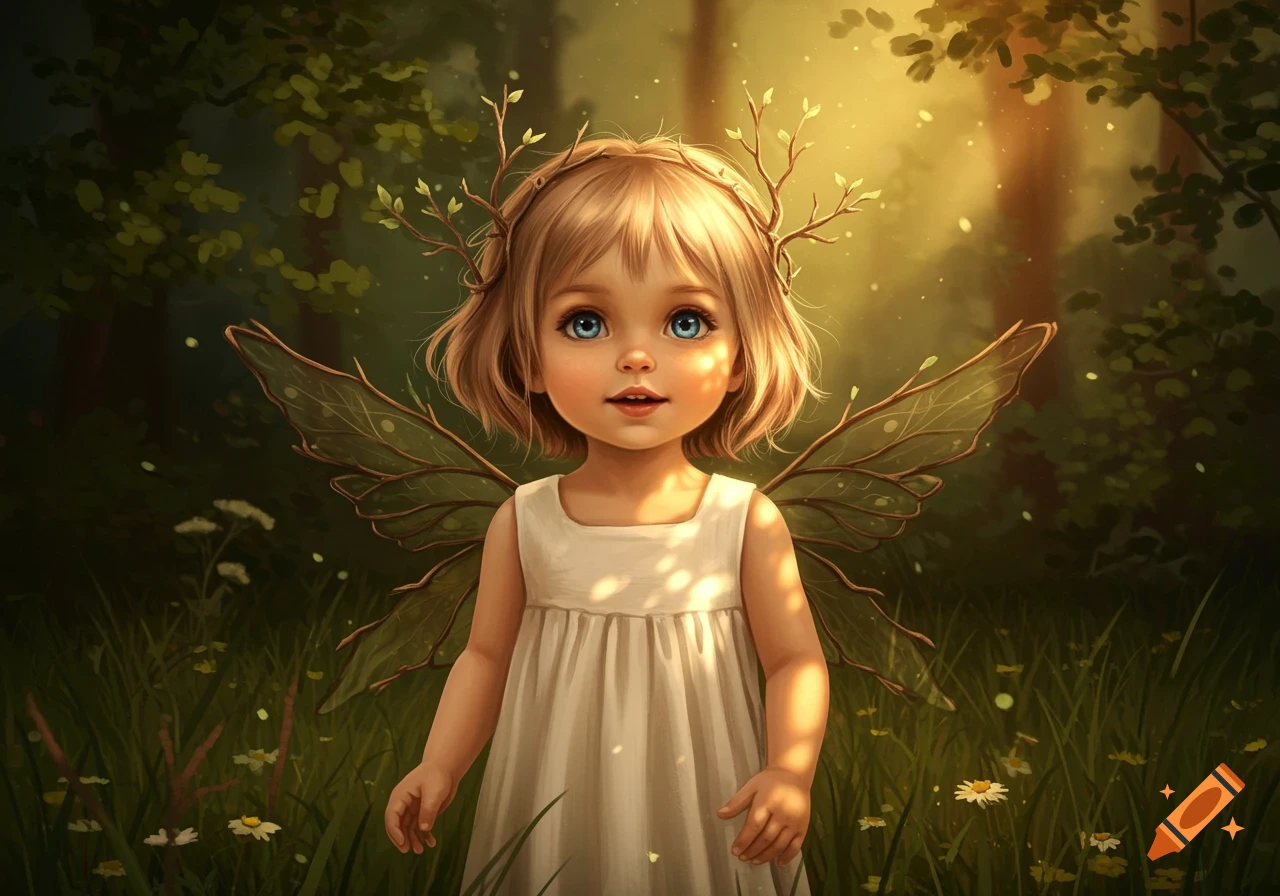 A cute blonde little girl with blue eyes, fairy wings, and a branch crown stands in a sunlit forest, looking forward.