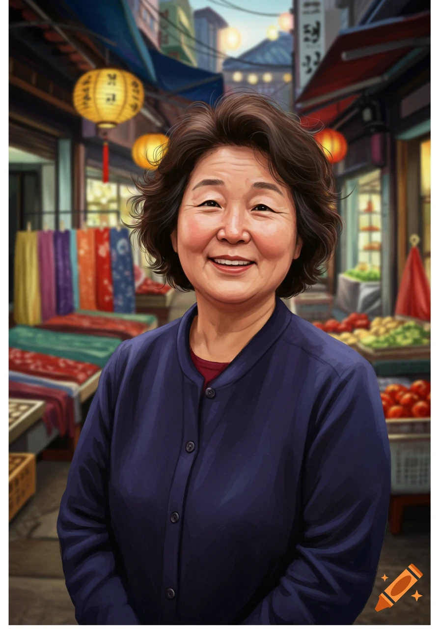 A smiling older Korean woman in a blue shirt stands in a vibrant market street with lanterns and stalls.