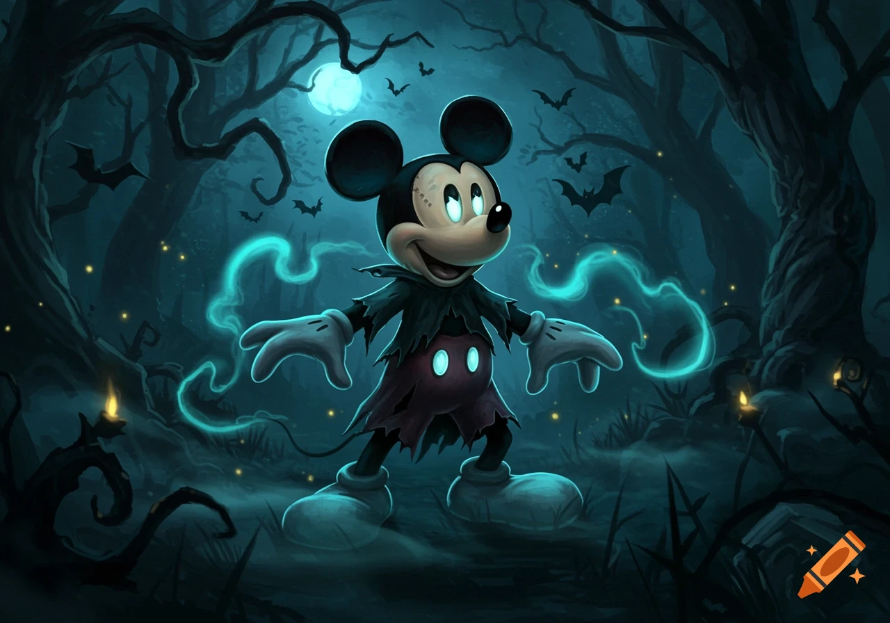 Spooky Mickey Mouse with glowing eyes in a dark, haunted forest with glowing mist, bats, and a full moon.
