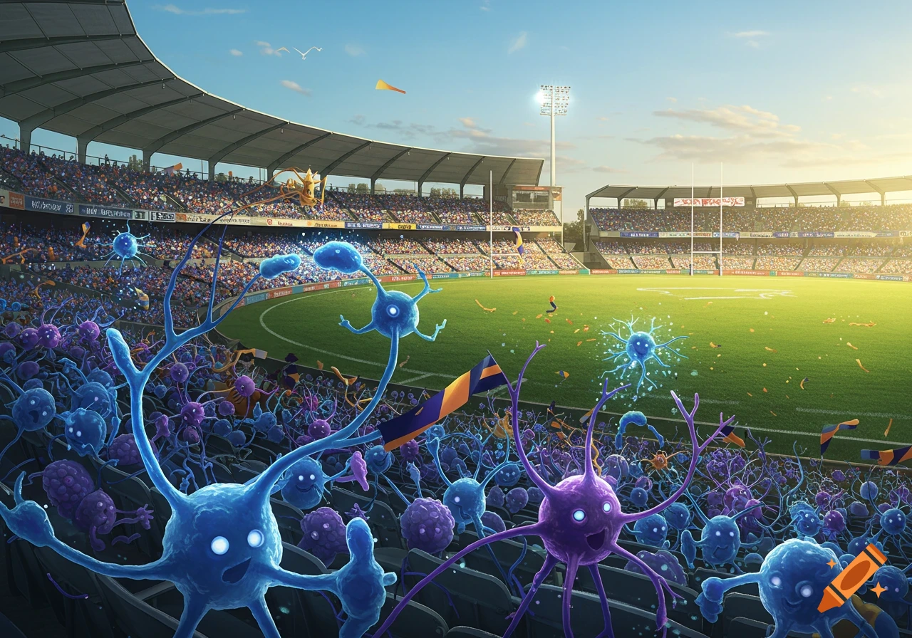 A stadium filled with a cheering crowd of blue and purple neuron-like creatures watching an Australian Rules Football game.